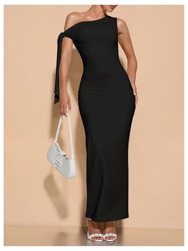 Image of SOLY HUX Women's Off The Shoudler Bodycon Maxi Dress Asymmetrical Neck Bow Tie Cocktail Party Long Dresses