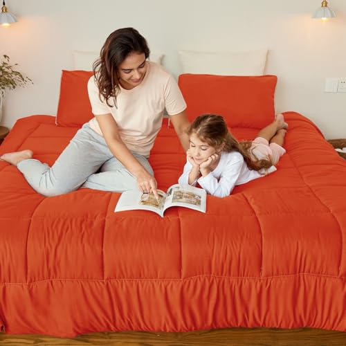 Image of Exclusivo Mezcla Lightweight Summer Reversible King Size Comforter Set, Down Alternative Comforter with 2 Pillow Sham, King Size Bedding Set for All Seasons, Burnt Orange /Brich Beige