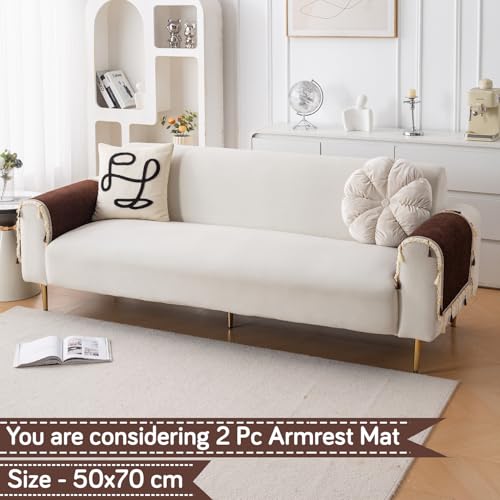 Image of HOKIPO 'Serenity Tassel' Chenille Sofa Arm Cover with Tassels - 1 Pair | Chestnut Luke (IN-893-BR*2)