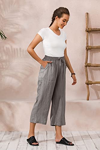 Womens Linen Cropped Pants Loose Casual Capri Cotton Wide Leg Plus Size Elastic Waist with Drawstring Trouses Light Gray L4