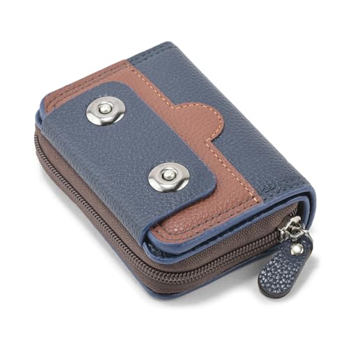 Image of 9 Slot RFID Genuine Leather Credit Debit Card Holder Wallet Money Zipper Coin Purse for Men & Women (Blue)