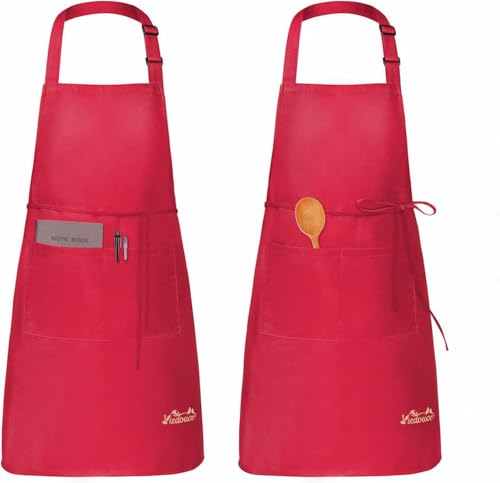 Viedouce 2 Packs Apron Cooking Kitchen Waterproof, Adjustable Chef Apron with Pockets for Home, Restaurant, Craft, Garden, BBQ, School, Coffee House, Apron for Men Women, Red