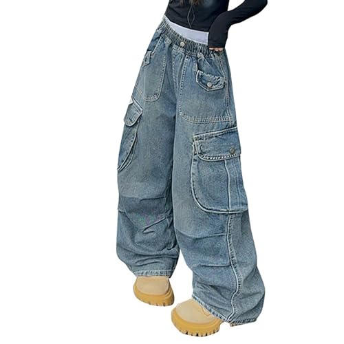 Blue Cargo Jeans for Girls Elastic Waist Baggy Wide Leg Jeans with Pockets Kids Autumn Winter Denim Preppy
