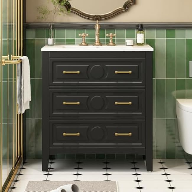 30'' Bathroom Vanity with Ceramic Sink Combo, 3 Drawers, Solid Wood Frame Bathroom Storage Cabinet, Black (Black + Ceramic + Solid Wood+MDF + Retro)