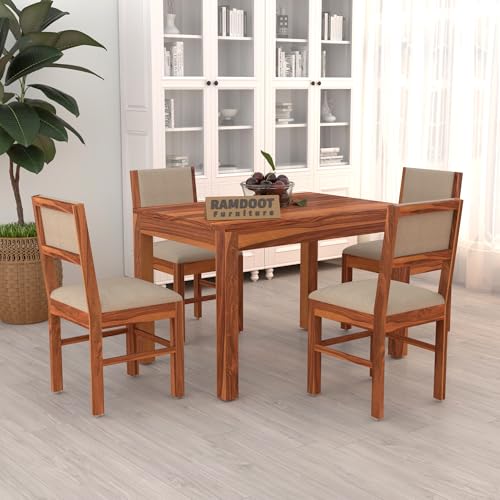 Image of 45 Inch Length Solid Sheesham Wood 4 Seater Dining Table Set | Four Seater Dinner Table with 4 Cushions Chairs | Dinning Table Set 4 Seater for Living Room | Wooden Table & Chair Set | Honey Finish