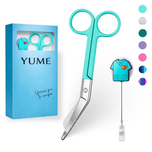 YUME Tijeras Enfermeria de Acero Inoxidable con Punta Roma + Llavero Retráctil de Regalo | Tijeras Punta Pico de Pato | Regalos Perfectos para Enfermeras | TCAE accesorios (AZUL)