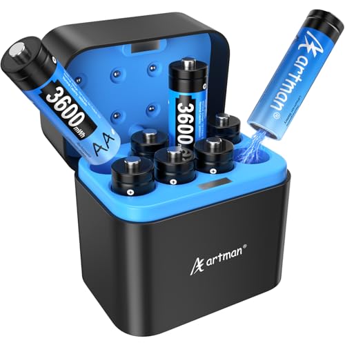 A Artman 8 Pack 3600mWh Rechargeable Lithium AA Batteries with Charger for Blink Outdoor Camera, 1.5V Constant Output Double A Battery Rechargeable, 2000 Cycle Charging Time (Blue)