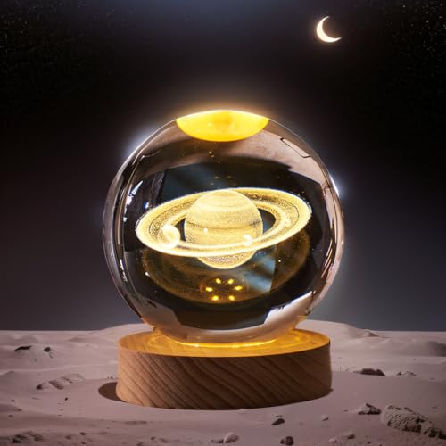 KAZETEC 3D Saturn Crystal Ball Night Light with LED Stand, Saturn Planet Figurine Lamp Decoration Glass Sphere Paperweight Decorative Balls,Suitable as Night Lights Bedroom Decorations(3.15 in,80mm)