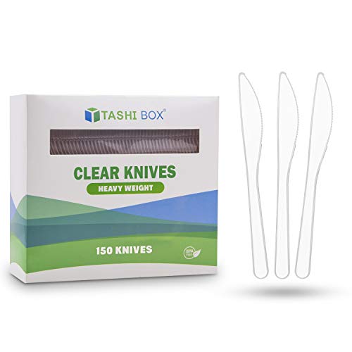 TashiBox Plastic Silverware for Dinner - Wedding Tableware Disposable Plastic Cutlery, Clear Plastic Knives Heavy Duty 150 Pack for Birthday Party