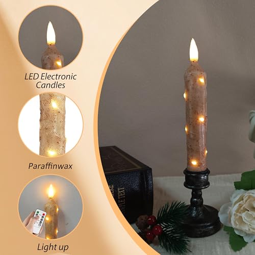 Image of 6.5 Inches Primitive Real Wax LED Flameless Khaki Short Candlesticks Hand Dipped Battery Operated Taper Candles with Timer Remote Candles for Vintage Rustic Home Decor, Pack of 4(Khaki)