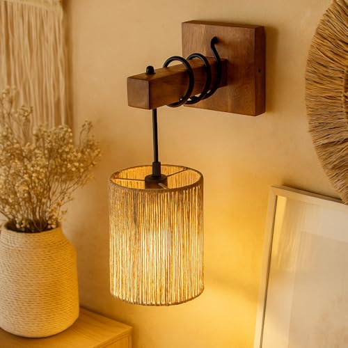Image of AKWAY Rattan wall Lamps for Living Room | Bamboo wall Lights for Bedroom | Cane wall scones for Home Decoration (Bulb Not Included) (Raffia Hang)