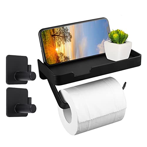 Porte Papier Toilette Murale avec Étagère Porte Rouleau Papier Toilette sans Perçage Support Papier Hygiénique Derouleur Papier WC Adhésif avec 2 Crochets pour Salle de Bain Cuisine, Noir B Cover