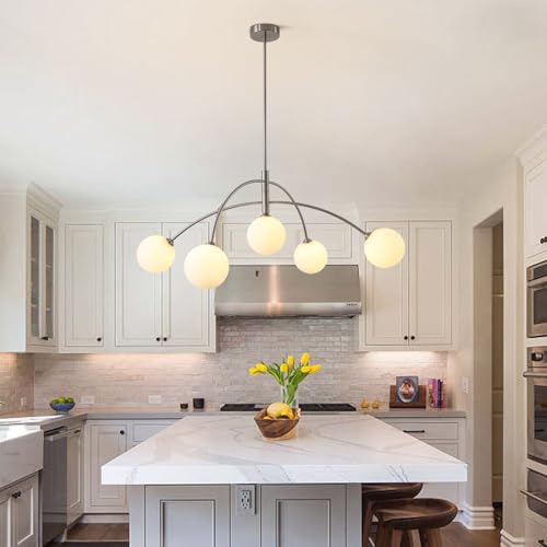 Image of Mid Century Modern Chandelier, 5 Light Silver Sputnik Light Fixture with White Glass Globe Shade, Adjustable Modern Sputnik Chandelier for Dining Room Kitchen Bedroom