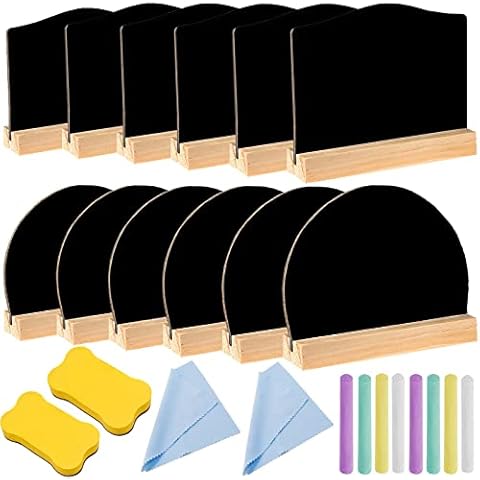 12 Pack Mini Chalkboard Signs Double Sided Small Blackboard with Stand Wooden Chalk Board Sign Message Tabletop Board with Chalk and Eraser for School, Wedding, Birthday, Bar, Party ( 4 x 3 inch ) Cover