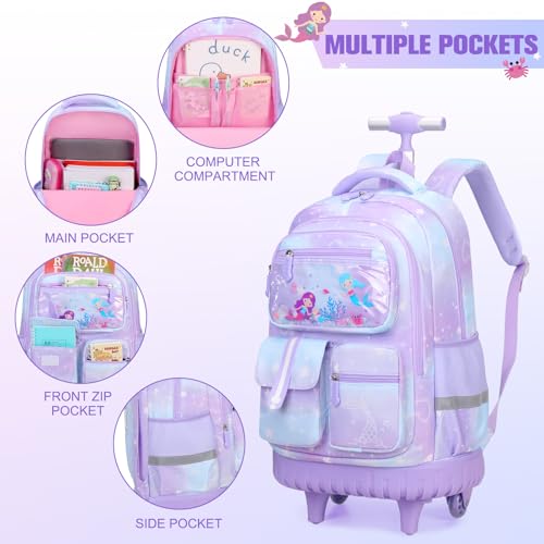Kids School Rolling Backpack for Girls, Mermaid Bookbag with Lunch Box & Pencial Bag Set for Girl Kids Teens Elementary Middle School Student, Girls Laptop Travel Backpacks Daypack with Wheels3