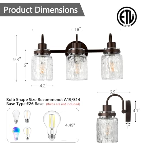Image of 3 Lights Hammered Glass Bathroom Vanity Light, Oil Rubbed Bronze | Easy Installation,Up or Down,Farmhouse Modern Style,E26 Socket,ETL Certification