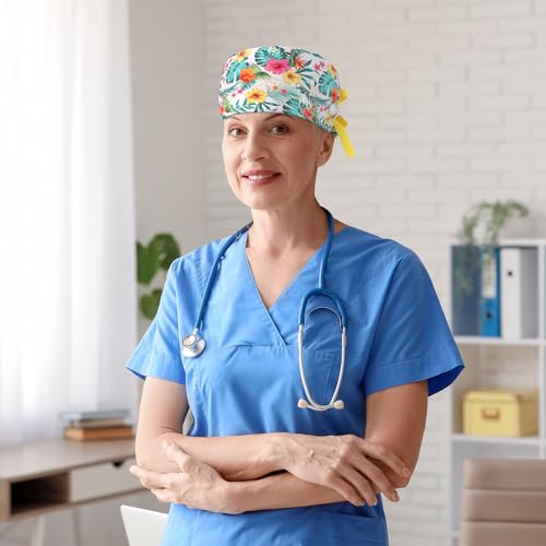 Image of 6 Pcs Scrub Caps for Women Doctor Nursing Hats with Buttons Adjustable Tie Back Working Cap Bouffant Scrub Hats for Women Men