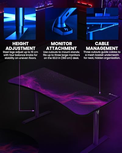 Image of Arozzi Arena Special Edition Ultrawide Curved Gaming and Office Desk with Full Surface Water Resistant Desk Mat Custom Monitor Mount Cable Management Cut Outs - Purple Galaxy