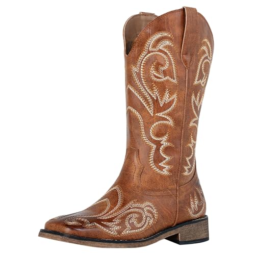 SheSole Women's Cowboy Cowgirl Boot Square Toe Western Mid Calf Boots