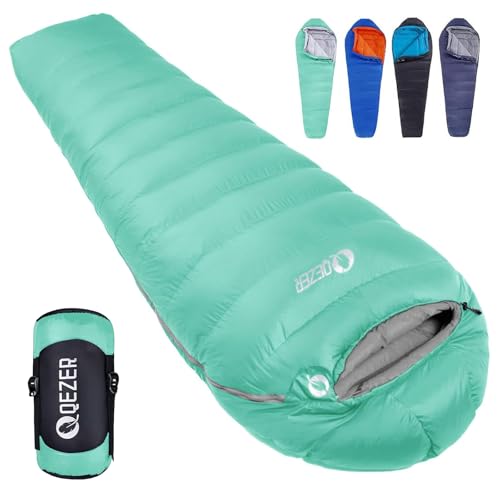 QEZER Down Mummy Sleeping Bag for Adults, 3 Season Lightweight Compact for Camping Backpacking...