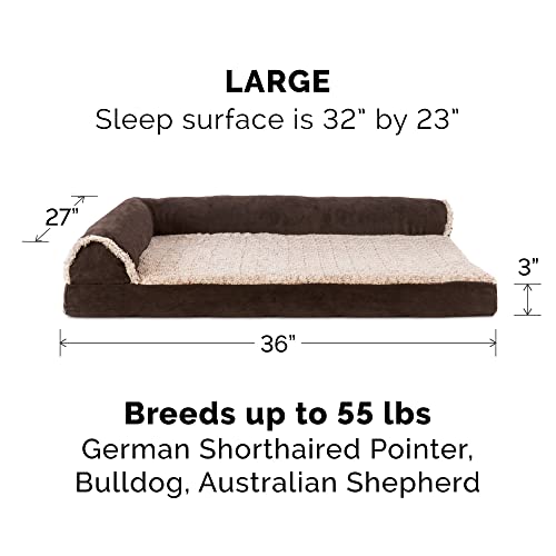 Image of Furhaven Orthopedic Dog Bed for Large /Medium Dogs w / Removable Bolsters & Washable Cover, For Dogs Up to 55 lbs - Two-Tone Plush Faux Fur & Suede L Shaped Chaise - Espresso, Large