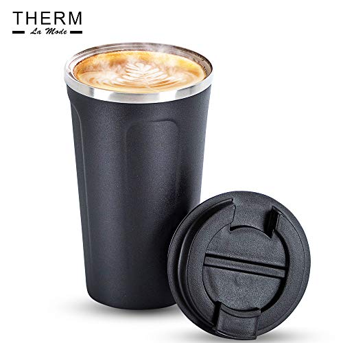 Therm La Mode Mug Isotherme, Tasse à Café en acier inoxydable isolée sous vide, gobelet de voyage à double paroi, tasse à café isolée durable, étanche, 450 ml, noir