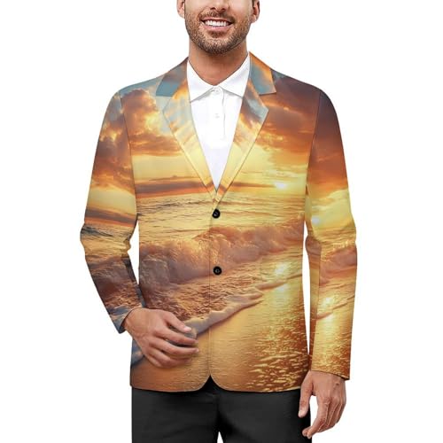 Beach Sunset Wave Men's Slim Suit Long-Sleeve Prom Tuxedo Classic Two Button Business Jacket