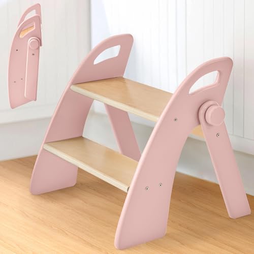 Taburete Niños Madera de 2 Peldaños Plegable, Capacidad de 130 kg con Alfombrilla Antideslizante y Asas, Escalon Infantil para Dormitorio, Cuarto de Caño, Cocina, Rosa