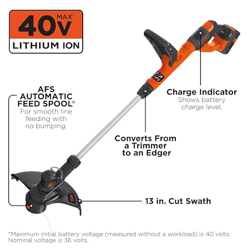 Image of Black+Decker 40V MAX 13 Inch String Trimmer and Lawn Edger with Battery and Charger, Cordless Weed Eater with Charge Indicator, High Torque PowerDrive Technology (LST140C)