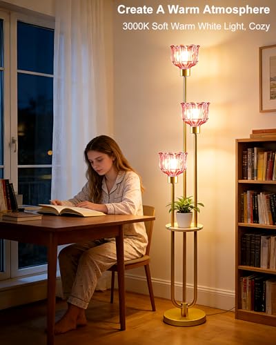 Image of Lightdot Glass Floor Lamp for Living Room 3-Lights Modern Gold Floor Lamp with Rose Red Glass Shade 3000K Bulbs Included Unique Standing Lamp with 5Lbs Heavy Base for Bedroom /Sofa Beside /Corner Decor