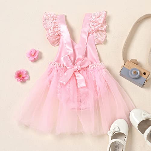 Baby Girl's 1St First Birthday Cake Smash Outfit Flutter Short Sleeve Lace Romper Tutu Tulle Dress Bodysuit With Crown Headband 2Pcs Clothes Set One Year Old Party Photo Shooting Props Pink 12-18M #TOP2