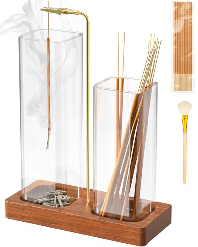 2 in 1 Incense Holder with Glass Jars Large Incense Holder for Sticks Upside Down Incense Burner with Ash Catcher & Storage for Meditation Yoga Spa Home Decor - 20 Incense Sticks & Brush