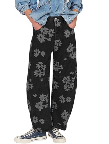 chouyatou Women's Y2k Baggy Wide Leg Denim Pants Boho Floral Printed Boyfriend Barrel Jeans with Pockets (Medium, Flower Black)