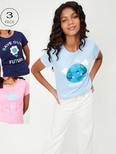 Image of Max Girl's Cotton Regular Fit Graphic Printed T-Shirt - Pack of 3