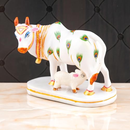 Image of Calf Statue in Marble Dust, 9CM Holy COWw Idol, Showpiece for Home Decor, Handmade Divine COWw, Mother COWw with Baby Calf, kamdhenu (mor)