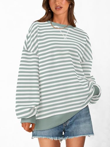 Image of PRETTYGARDEN Womens Striped Oversized Sweatshirt Color Block Crew Neck Long Sleeve Casual Loose Pullover Top Y2K Clothes