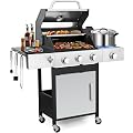 39000 BTU Output Propane Gas Grill with Side Burner and 3 Main Burners - Double-layer Stainless Steel Lid, Cast Iron Grids, Easy-Clean Grease Management & Even Heat Distribution for Perfect BBQs