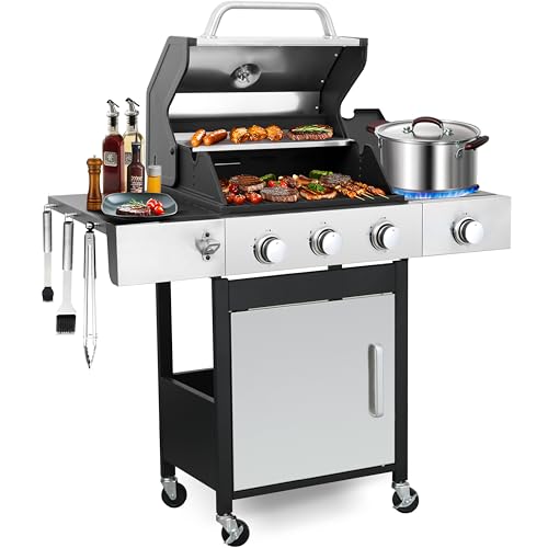 39000 BTU Output Propane Gas Grill with Side Burner and 3 Main Burners - Double-layer Stainless