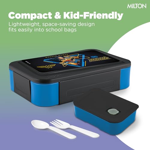 Image of Milton Berry Tiffin Lunch Box for Kids Boys & Girls with Leak-Proof Inner Container| Food Grade,BPA Free,Compact & Durable Snacks Box for kids I Plastic Spoon & Fork, 850 ml, Wonder Woman print, Black