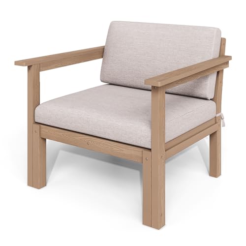 Image of Modular Outdoor Patio Furniture Armchair, HIPS All-Weather Outdoor Sectional Sofa with High-Density Thick Cushions, Easy Side Interlock, Patio Chair for Backyard, Balcony, Deck (Teak)