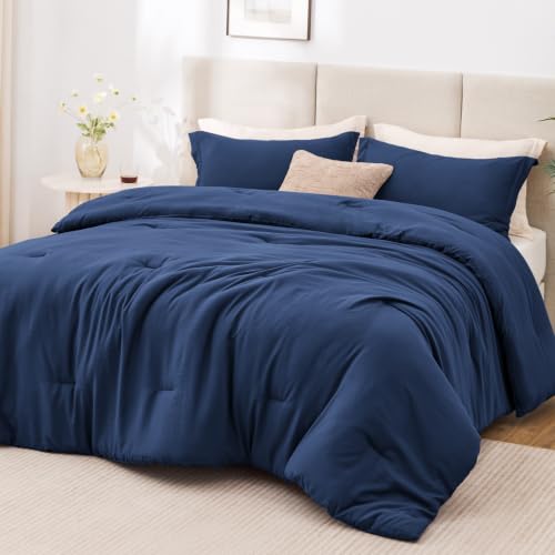 Image of Love's cabin Dark Blue Queen Comforter Set, 3-Piece Prewashed Bed Set with 1 Comforter (90 x 90 in) & 2 Pillowcases, Lightweight & Breathable for All Seasons