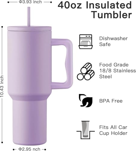 Image of Zephorus Personalized Stainless Steel Tumbler with Handle, 1200ml Capacity, Black Insulated Travel Mug with Straw, Custom Name Design (40 - Oz - Purple)