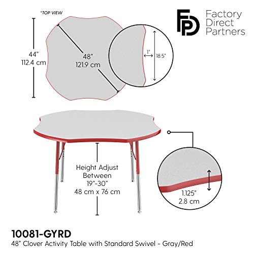 Image of FDP Clover Activity School and Office Table (48 x 48 inch), Standard Legs with Swivel Glides for Collaborative Seating Environments, Adjustable Height 19-30 inches - Gray Top and Red Edge