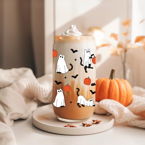 Fairy's Gift Halloween Ghost Cat Iced Coffee Cup, Halloween Cat Pumpkin Glass Tumbler, 16 oz Spooky Coffee Glass Cup with Lid Straw, Boo Basket Stuffers, Spooky Gifts for Feline Lover, Women, Teen - Image 6
