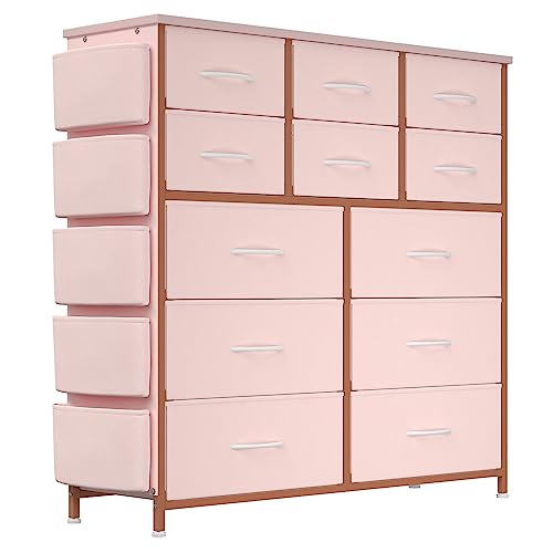 Image of 12-Drawer Bedroom Dresser, Fabric Storage Dresser with 5 Side Pockets and 2 Hooks, Tall Vertical Dressers, Sturdy Steel Frame, Wooden Tabletop, Suitable for Closets, Bedrooms, Living Rooms, Pink
