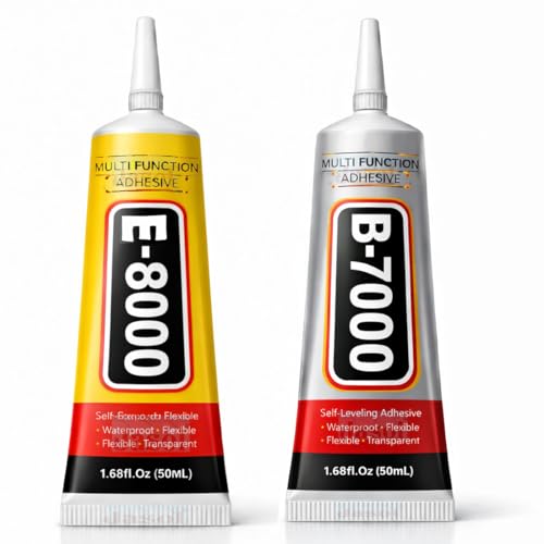 Image of B-7000 & E-8000 Multi-Purpose Adhesive Glue Pack of 2 (50ML / 1.68 fl.oz Each) | Clear Jewelry & Fabric Glue for Rhinestones, Crystal Crafts, Shoes, Nail Art, Phone Screen, Metal, Glass & DIY Repairs