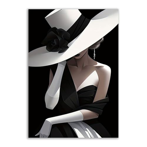 Poster femme élégante chapeau blanc haut de gamme TERUEA tableau sur toile salon chic 70x100cm