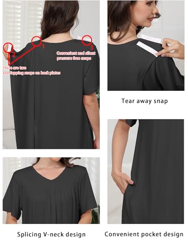 Image of Hospital Gowns for Women Open Back Tear Away Snap Post shoulder Dress Short Sleeve Soft Adaptive Clothing with Pockets