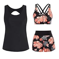 3 Piece Tankini Swimsuits for Women Tummy Control Plus Size Bathing Suit with Boy Shorts Cute Summer Tank Top and Sports Bra