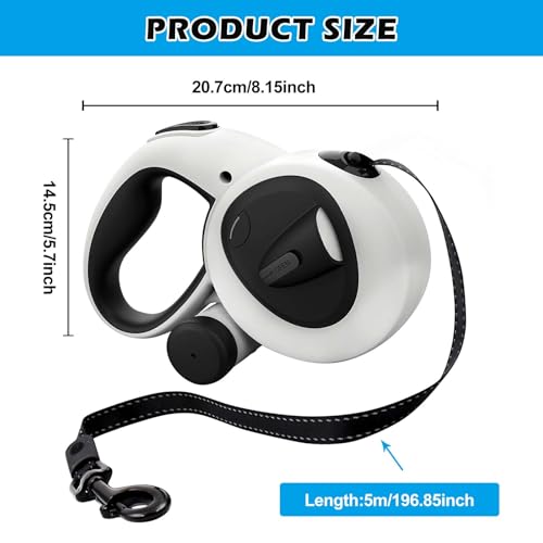 Einziehbare Hundeleine, 5m Hundeleine mit LED-Licht, Rollleine für Hunde bis 50kg, Robuste Haustierleine, Hundetrainingsleine, Hundekotbeutel Spender, Chew Proof Hundeleine für Nachtspaziergänge